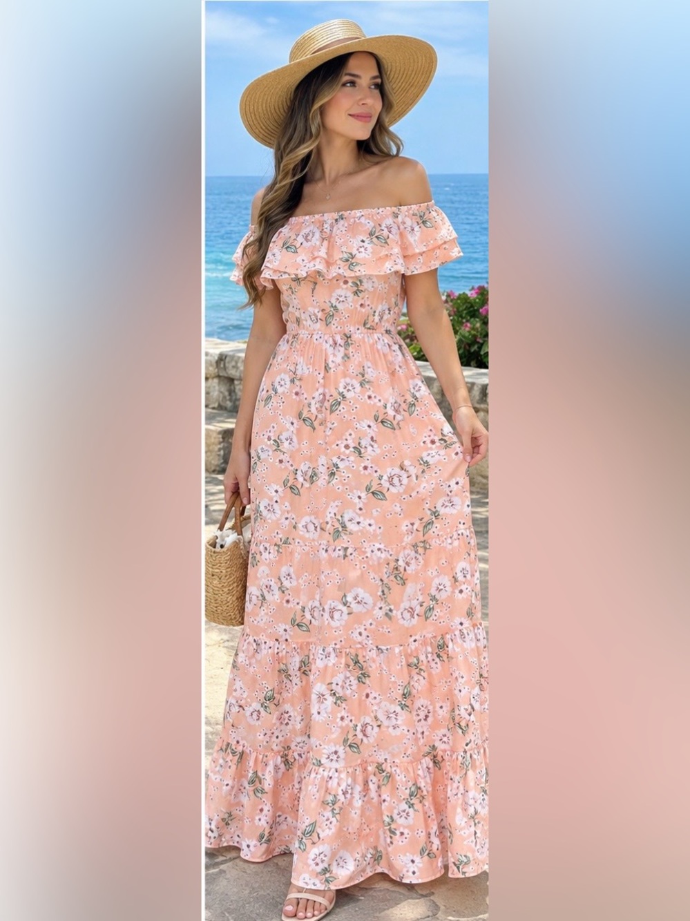 Peach Floral Off-Shoulder Maxi Dress with Ruffle Bodice